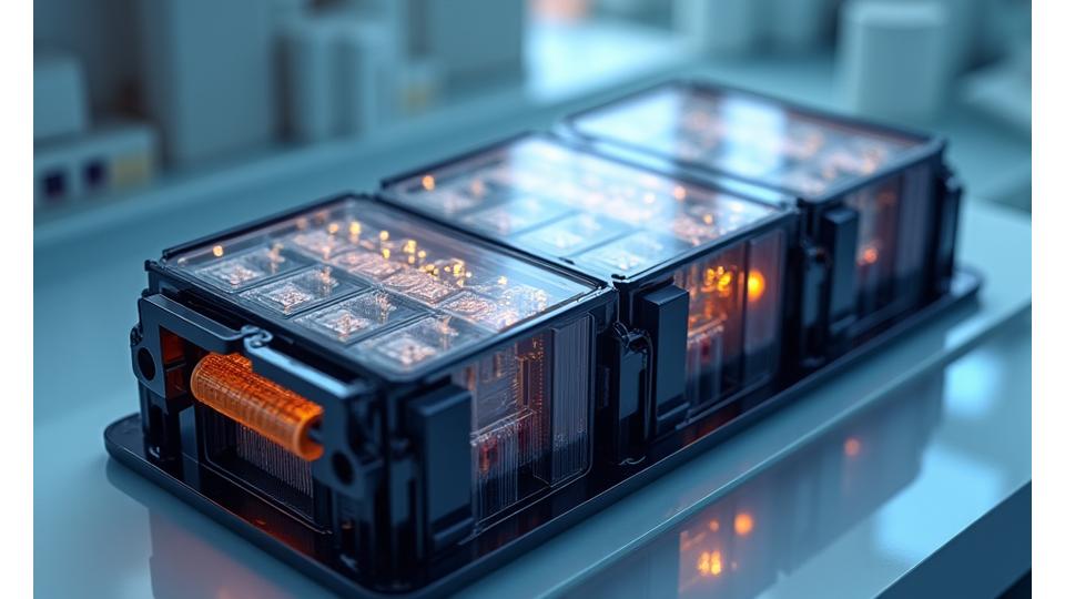Detailed schematic of a modern electric vehicle battery pack with highlighted energy cells and advanced cooling systems.