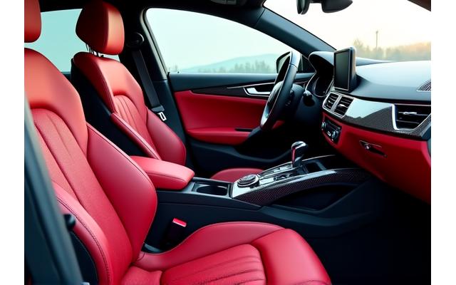 Hover to see After After shot of a sedan interior with custom red leather upholstery and carbon fiber accents