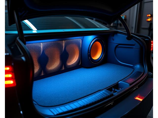 A premium car audio subwoofer enclosure perfectly integrated into a vehicle's trunk, illuminated with subtle ambient light.
