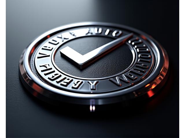 A glossy, metallic seal or badge with the words 'Apex Autosport Warranty' and a prominent checkmark, symbolizing assurance.